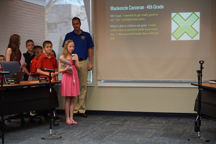 <p>GMS fourth-grade student Mackenzie Corcoran shared how she met her goal of becoming proficient at “12s” multiplication facts.</p>
