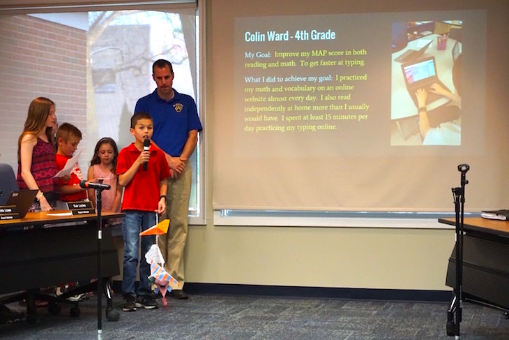 <p>GMS fourth-grade student Colin Ward shared how he worked to improve his MAP reading and math scores as well as his typing speed.</p>
