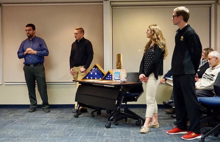 <p>BHS Band Director Chris Owen (far left), along with senior members of the Marching Band, shared their experiences in Honolulu with the Board.</p>
