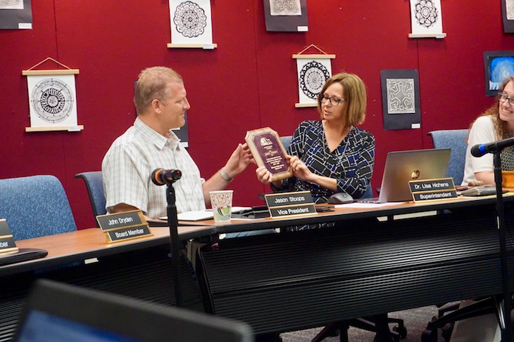 <p>Outgoing Board Vice President Jason Stoops was honored by Superintendent Dr. Lisa Hichens and fellow Board Members for his four years of dedicated service.</p>
