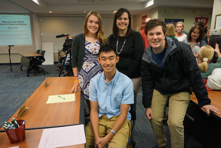 <p>Three generations of Student Ambassadors: outgoing Ambassador Addie Bobosky (left), current Ambassador/BHS senior Justin Chu (seated), and incoming Ambassador/BHS junior Chris Theros (far right) with BHS Principal Dr. JoAnne Smith.</p>
