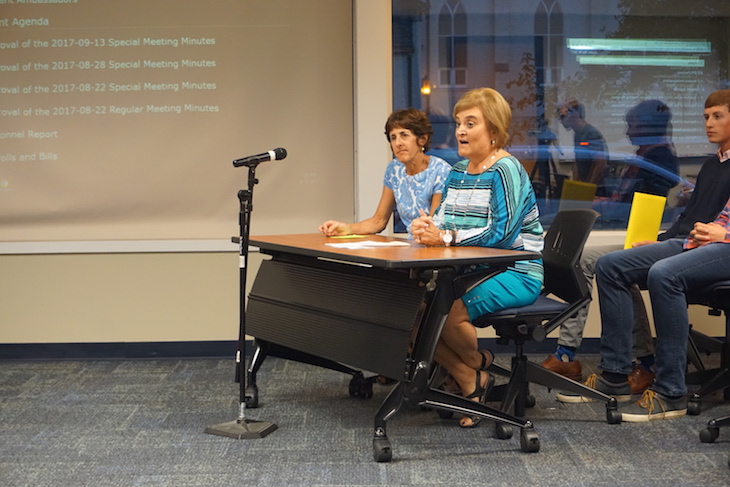 <p>BPS101 Hall of Honor Committee member, Joanne Spitz (left) and chair, Nan Phillips, shared details of the 2017 BPS101 Hall of Honor.</p>
