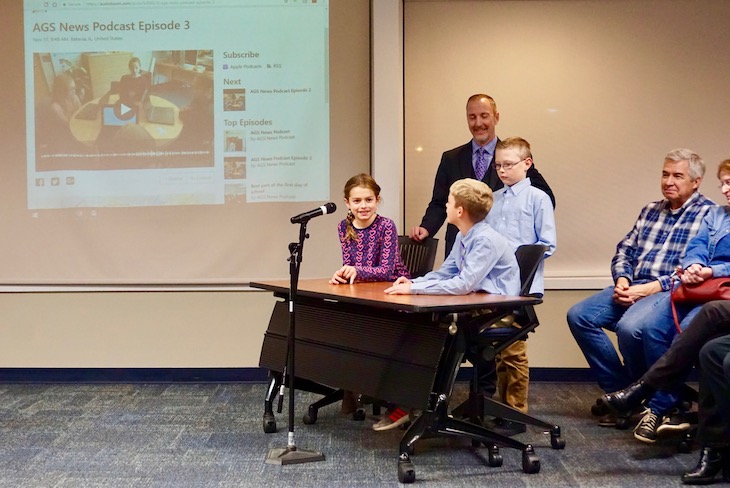 <p>Alice Gustafson Elementary School students are now podcasting! At the Nov. 21 Board Meeting, AGS students and Principal Dr. Tim McDermott shared their experience with Board Members.</p>
