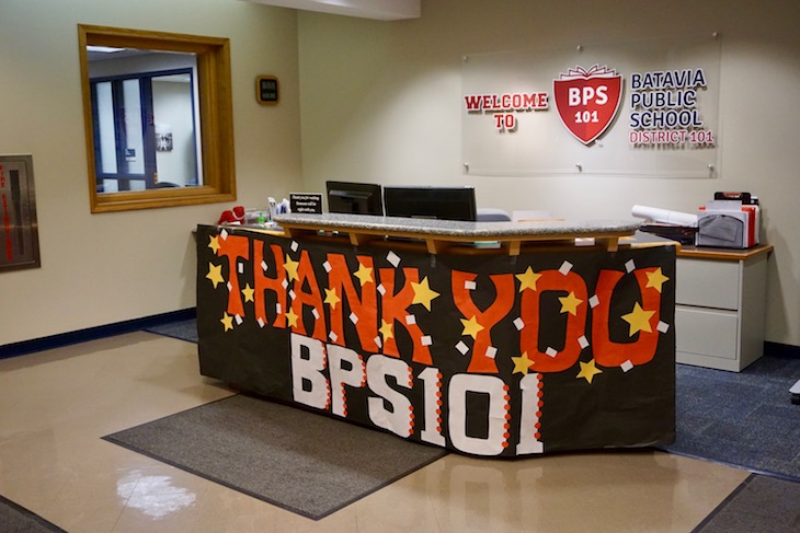<p>The BHS Football Team surprised Board Members with a giant “Thank You” sign that they held up on the sidewalk outside the meeting. The team also surprised Central Office staff by leaving behind their sign at the front desk. Great kids!</p>
