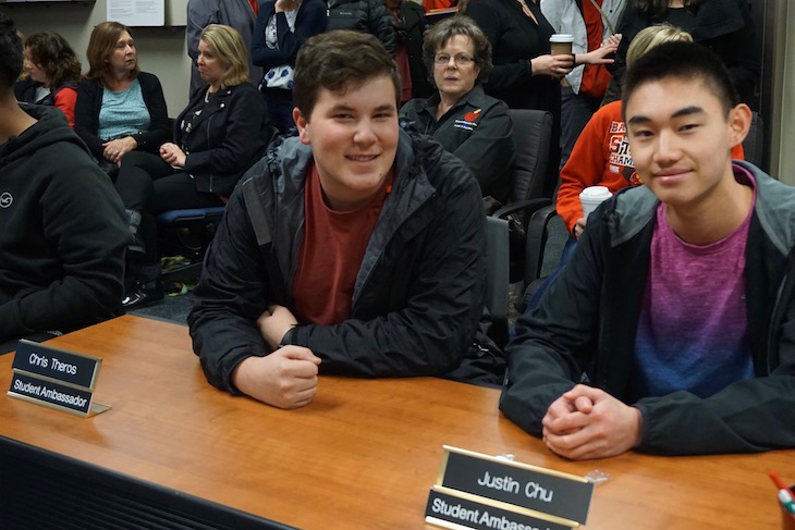 <p>Student Ambassadors to the Board of Education: Chris Theros, BHS junior, and Justin Chu, BHS senior.</p>
