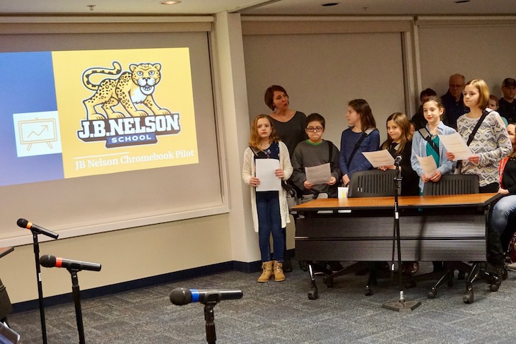 <p>J.B. Nelson fifth-graders presenting findings from their Chromebook pilot.</p>
