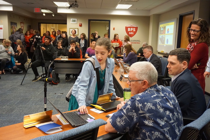 <p>J.B. Nelson fifth-grader explaining flipped learning to Board Vice President Jon Gaspar.</p>
