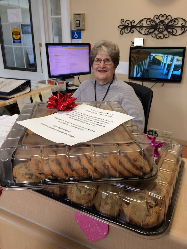 A special delivery of cookies for staff members at a local nursing home.