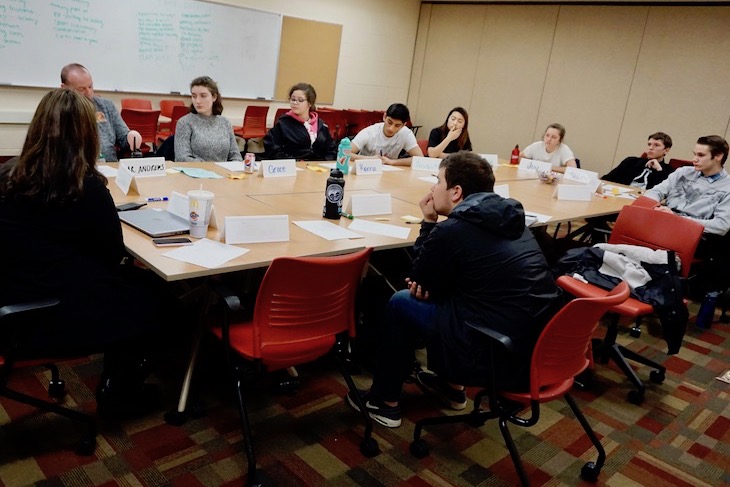 <p>Student Ambassador Chris Theros (forefront) with other BHS student leaders and BHS Principal Dr. JoAnne Smith, Athletic Director Dave Andrews, and BPS101 Chief Financial Officer/District Safety Team member Tony Inglese (not pictured) at the BHS debrief of the Willowbrook High School Safety Forum.</p>
