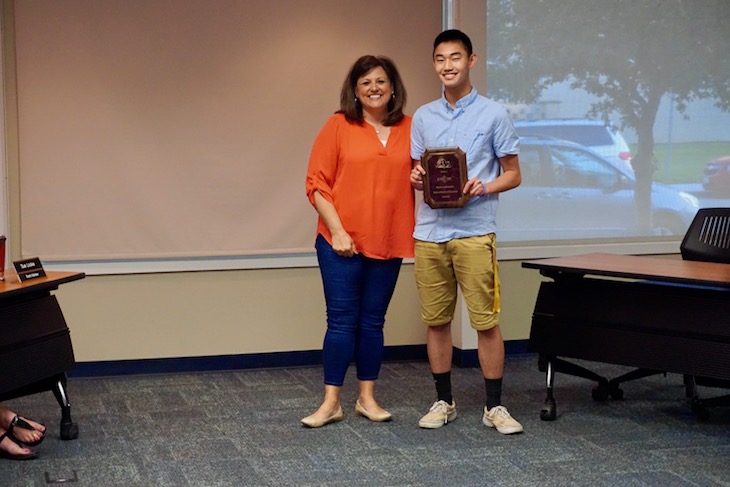 <p>Board Member Tina Bleakley with outgoing Student Ambassador/graduating BHS senior Justin Chu.</p>
