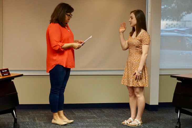 <p>Mrs. Bleakley swearing in Olivia Murchie, incoming Student Ambassador. </p>
