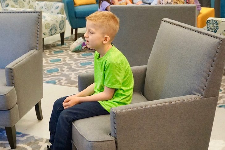 <p>Breaking in the new comfy reading chairs!</p>
