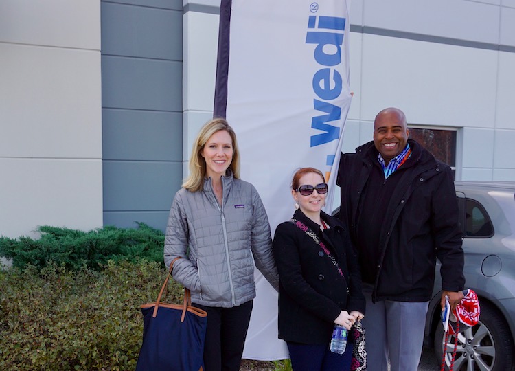 <p>(From left) BHS Transition Specialist Kimberly Garcia, BHS College & Career Counselor Angela Molloy, and BHS Freshman Guidance Counselor Alton Rollerson outside wedi corporation’s new manufacturing facility in Batavia, Ill.</p>
