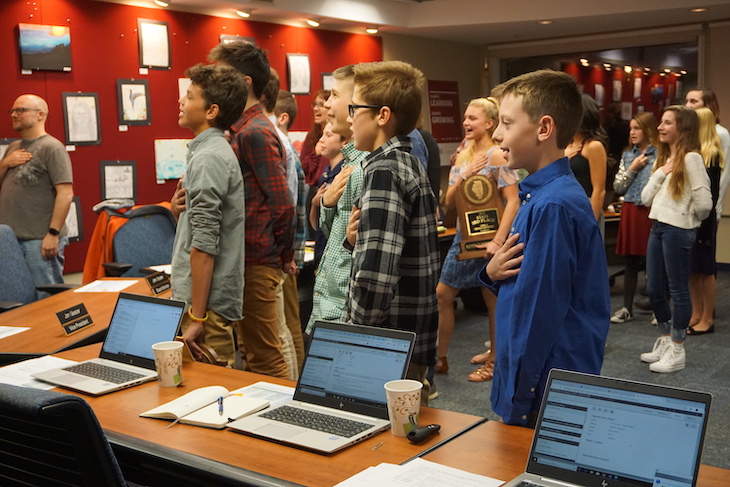 <p>RMS cross country team members led the Pledge of Allegiance at the beginning of the Board Meeting.</p>
