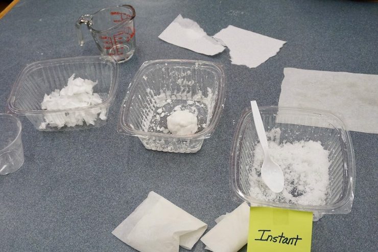 <p>The three different types of faux snow made in the HWS Co-Lab: (from left) paper, baking soda,  instant.</p>
