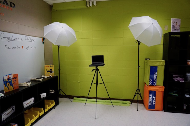 The green screen is ready for students to learn about video editing effects.