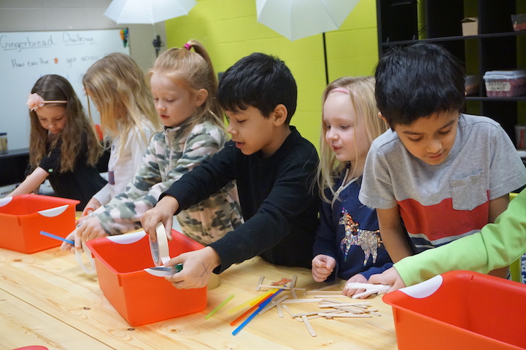 <p>J.B. Nelson kindergarteners working on a “Gingerbread Challenge” in the new S.T.E.A.M. Lab.</p>
