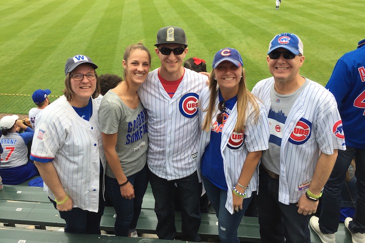 <p>The Rueffer family (from left) Katie’s mom Cindy,  her brother Michael’s fiance Brienna Kruit, Michael (BHS class of 2013), Katie, and Katie’s dad, Jeff. Go Cubs!</p>
