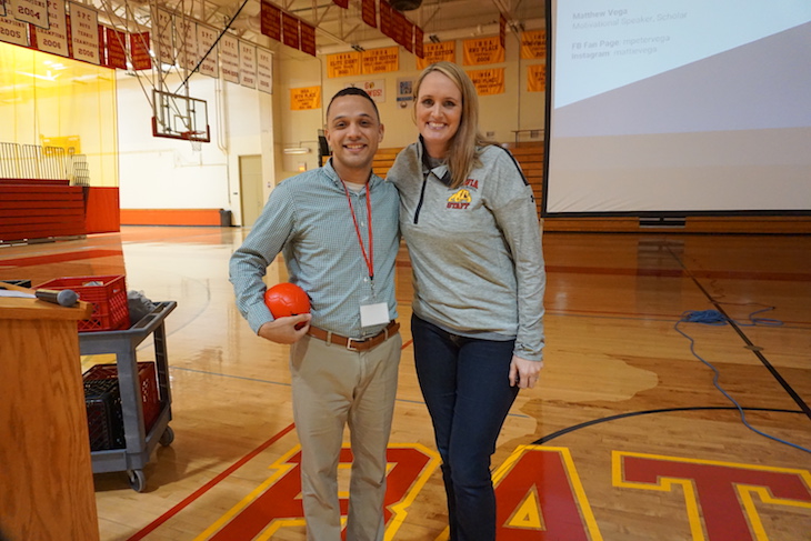 <p>Matthew Vega with his former P.E. teacher, Sara Thomas.</p>
