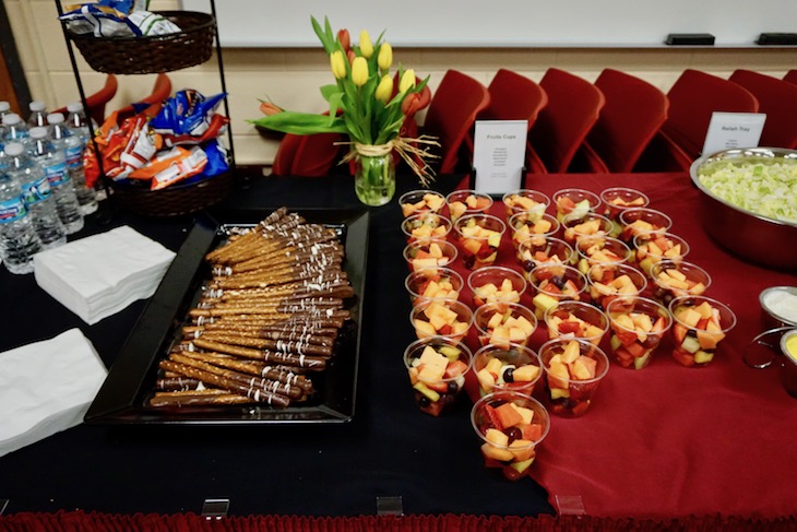 <p>Chocolate-covered pretzels, fruit cups, build-your-own sandwiches, and more were part of the spread.</p>
