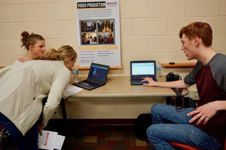 <p>Students in the Video Production program sharing their latest video projects with guests.</p>
