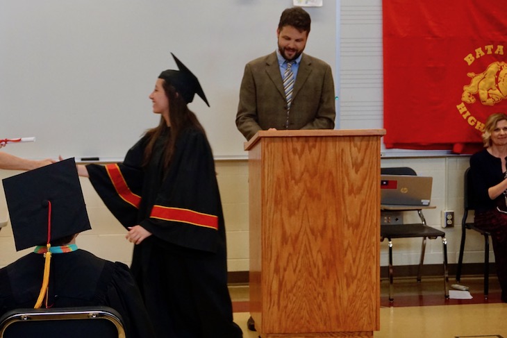 <p>BHS Choir Director Peter Barsch led Zach’s graduation ceremony. Zach is part of Mr. Barsch’s BFF Choir, which was developed specifically for VTP students.</p>
