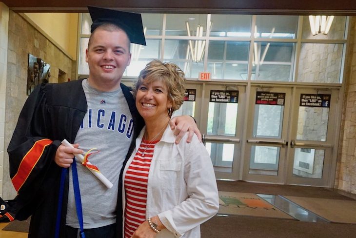 <p>Zach with BHS Athletic Dept. Administrative Assistant Julie Stuttle. Mrs. Stuttle was Zach’s paraprofessional when he went to H.C. Storm School!</p>
