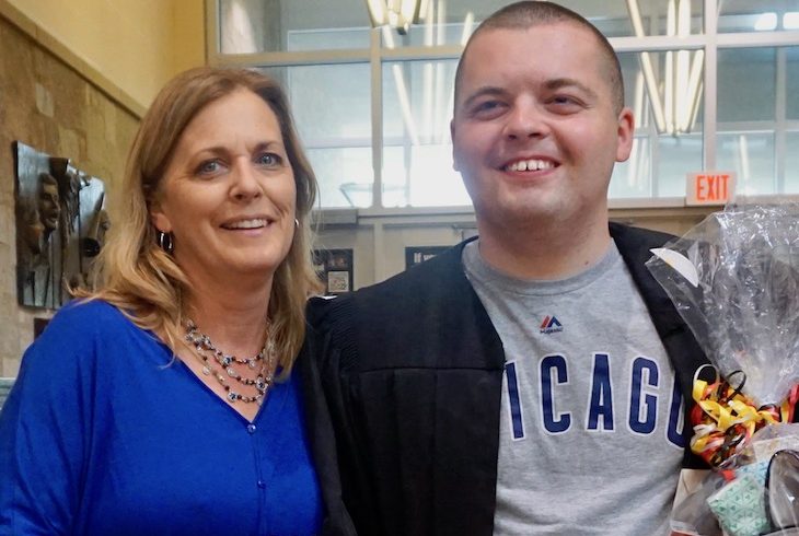 <p>BPS101 District Nurse Lori Carbonell presented Zach with a gift from her department.</p>
