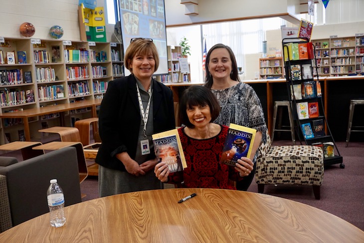 <p>Author Margaret Peterson Haddix with RMS LRC Director Kelly Cook (left) and RMS Learning Center Paraprofessional Gina Micheli (right).</p>
