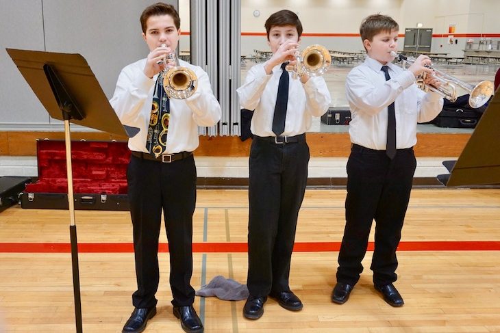 <p>A trio of trumpeters (from left): Mason Smith, Thomas Stroz, and Riley Meadows. The three seventh-graders performed “Triplet Trove” by Kevin Kaisershot.</p>
