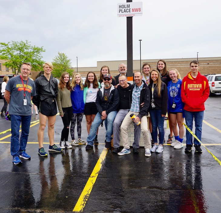 <p>RMS Language Arts Teacher David Holm with just a few of his fans in his beloved parking spot at RMS.</p>
